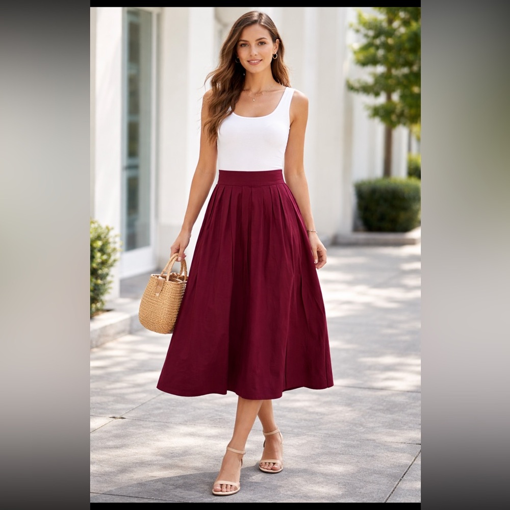 Korean high rise burgundy cotton pleated skirt